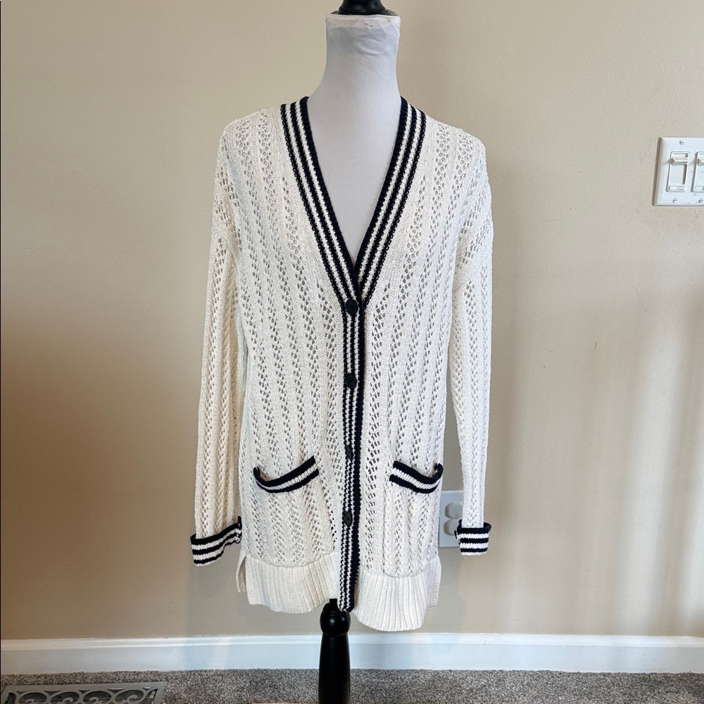 Lou & Grey Cream Pointelle Knit Varsity Cardigan with Navy Blue Trim - Medium